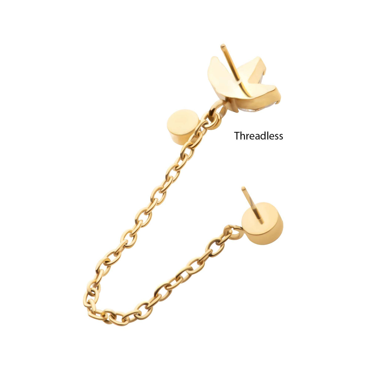 Cartilage Earring - Cartilage Chain 24Kt Gold PVD Titanium Threadless Marquise Trinity Duo Bezel Round Gem Top Dangle Rolo Chain -Rebel Bod-RebelBod