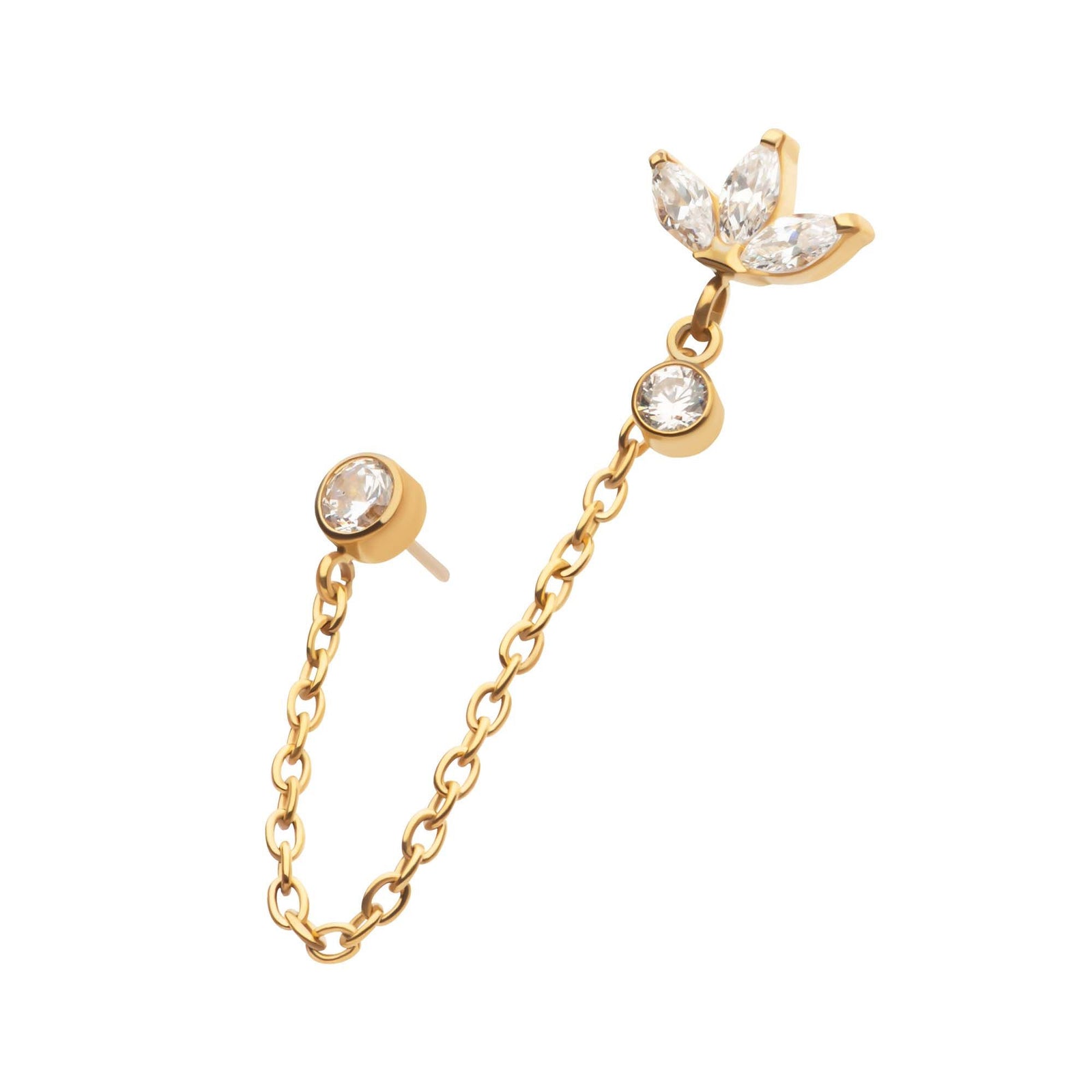 Cartilage Earring - Cartilage Chain 24Kt Gold PVD Titanium Threadless Marquise Trinity Duo Bezel Round Gem Top Dangle Rolo Chain -Rebel Bod-RebelBod