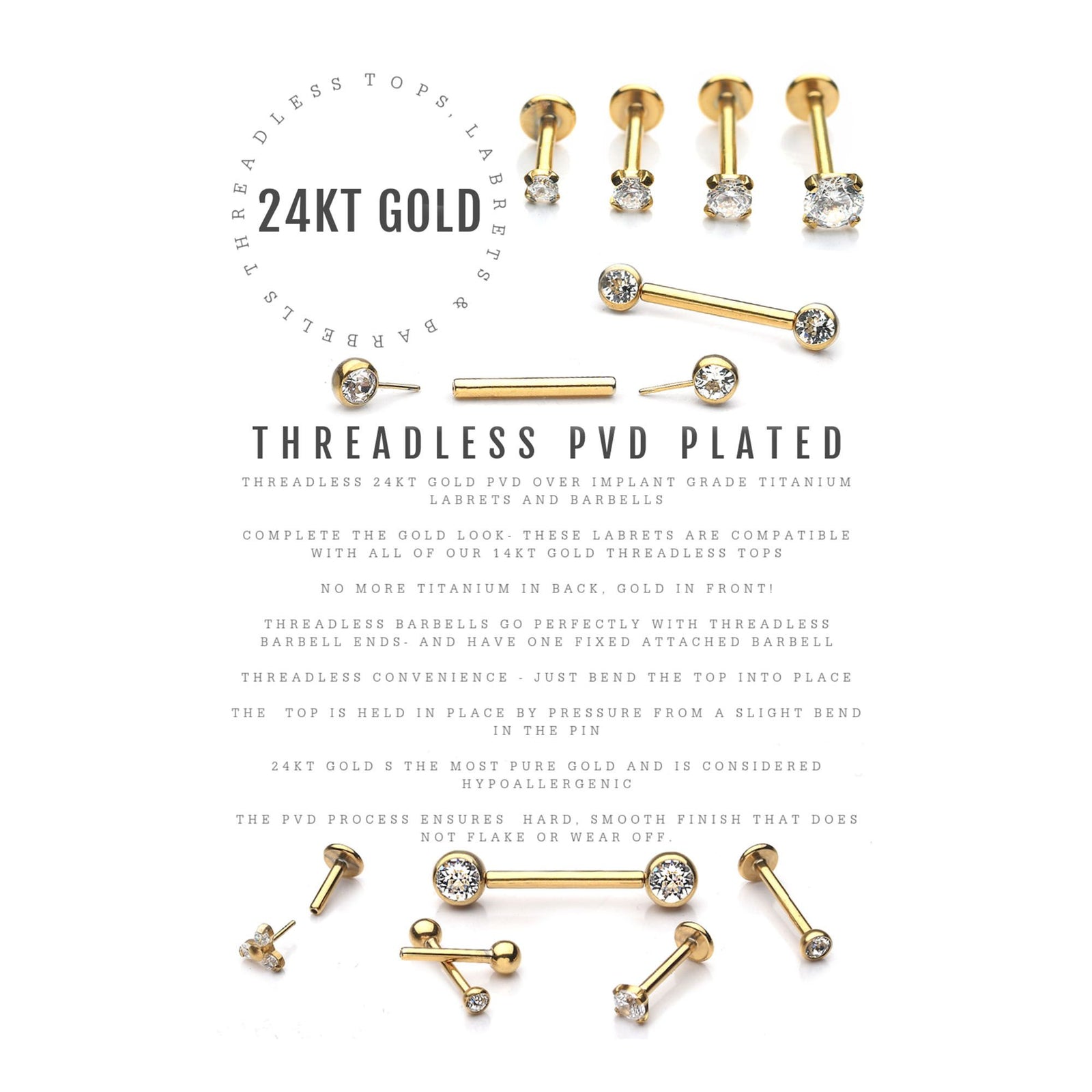 Body Jewelry Parts 24Kt Gold PVD Titanium Threadless Pronged Round CZ Trinity Top -Rebel Bod-RebelBod