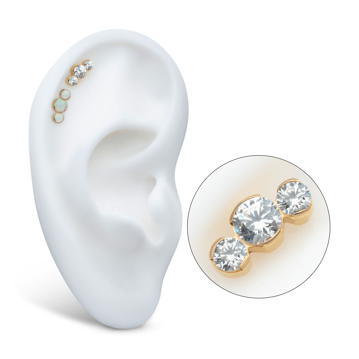 Body Jewelry Parts 24Kt Gold PVD Titanium Threadless Semi-Bezel Set Round Gem/Opal 3-Cluster Top -Rebel Bod-RebelBod