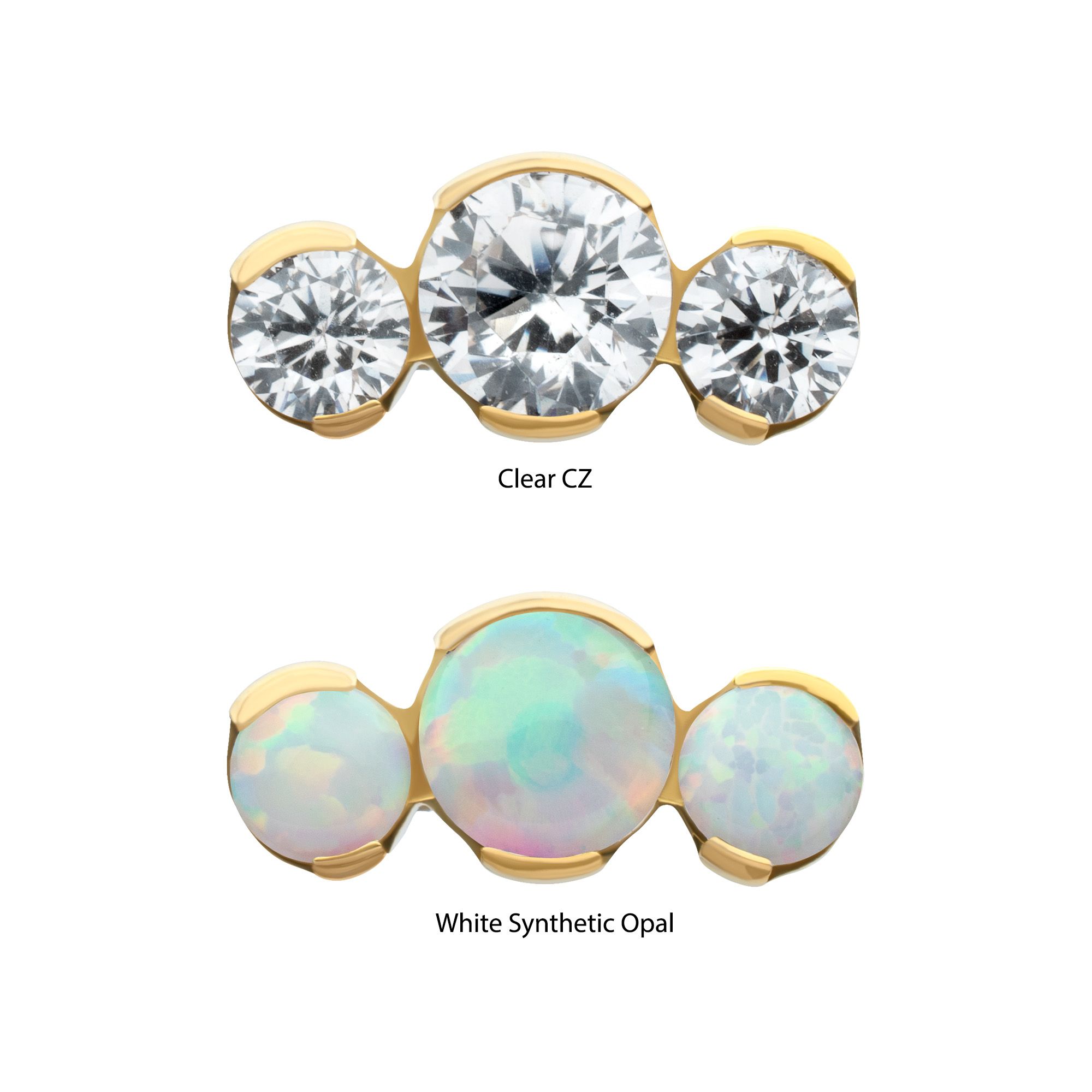 Body Jewelry Parts 24Kt Gold PVD Titanium Threadless Semi-Bezel Set Round Gem/Opal 3-Cluster Top -Rebel Bod-RebelBod