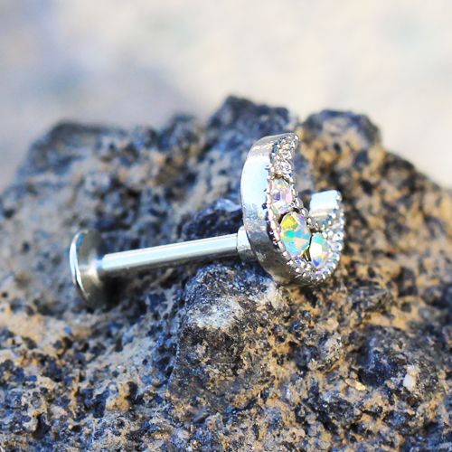 Labret Studs 316L Surgical Steel Aurora Borealis Gemmed Crescent Moon Labret -Rebel Bod-RebelBod