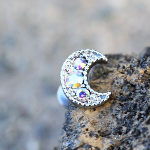 Labret Studs 316L Surgical Steel Aurora Borealis Gemmed Crescent Moon Labret -Rebel Bod-RebelBod