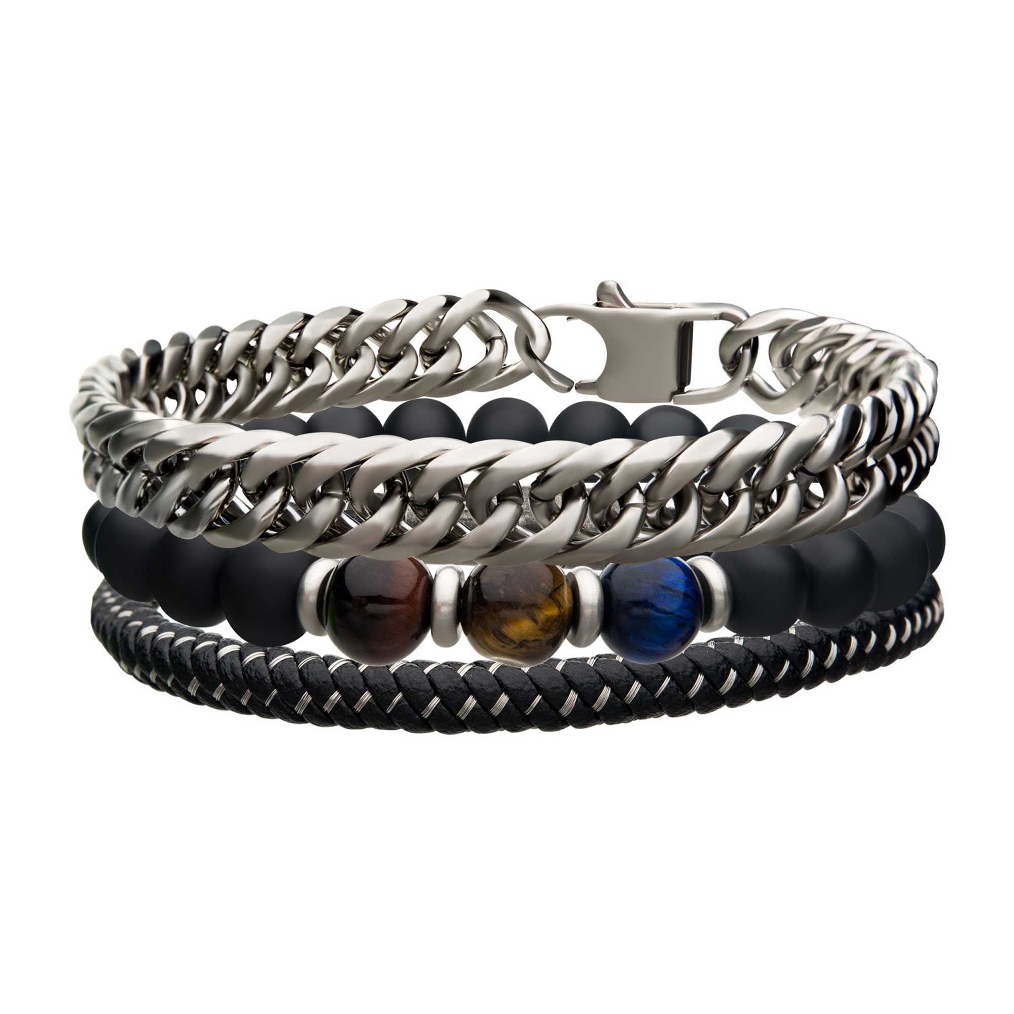 BRACELETS Black Braided Leather, Stone Beads Stainless Steel Curb Chain Stackable Bracelet brsetb15 -Rebel Bod-RebelBod