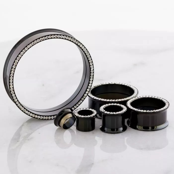 Tunnels - Double Flare Black Internally Threaded Clear Gemmed Tunnel - 1 Piece -Rebel Bod-RebelBod
