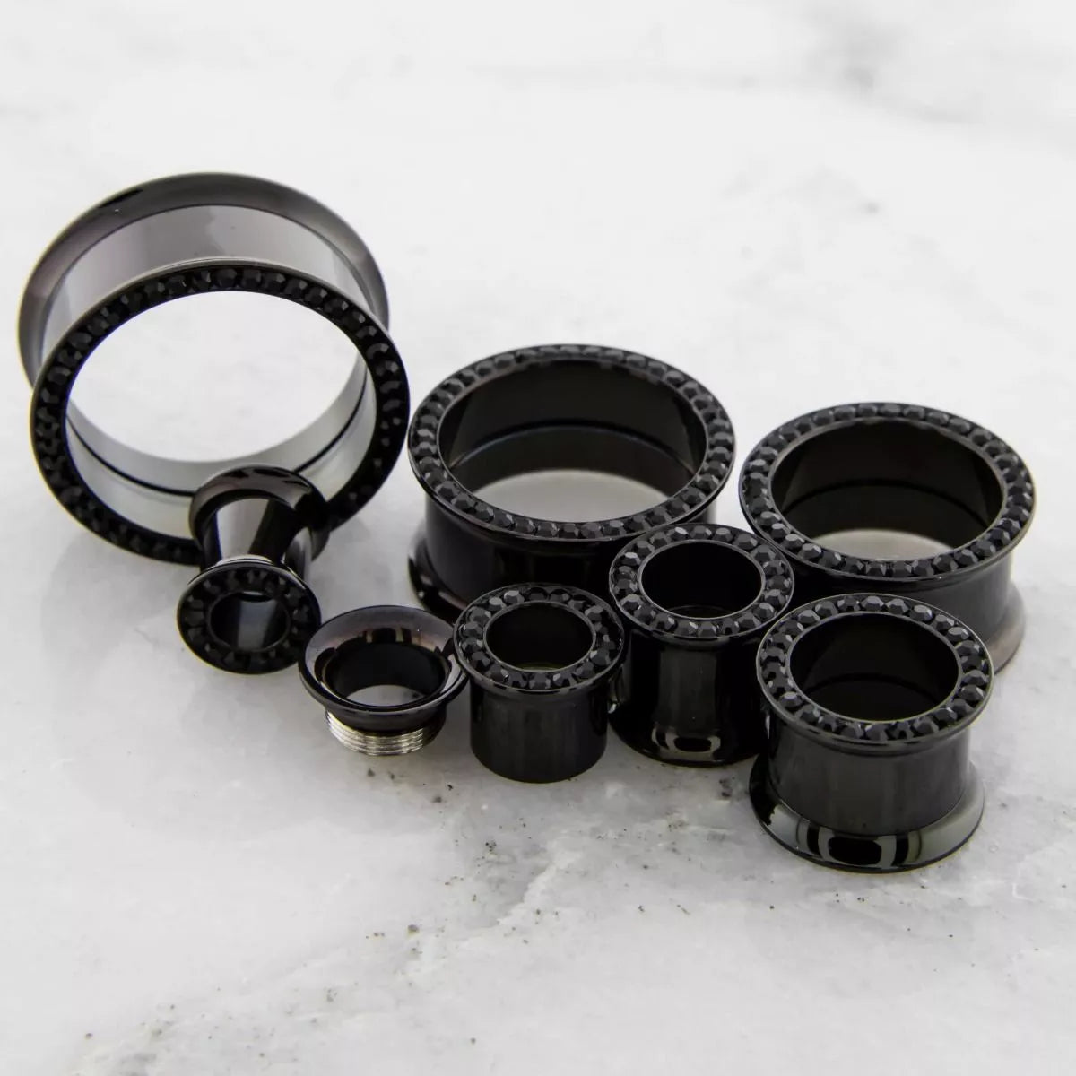 Tunnels - Double Flare Black Internally Threaded Tunnel w/ Black Gems - 1 Piece #SPLT#2 -Rebel Bod-RebelBod