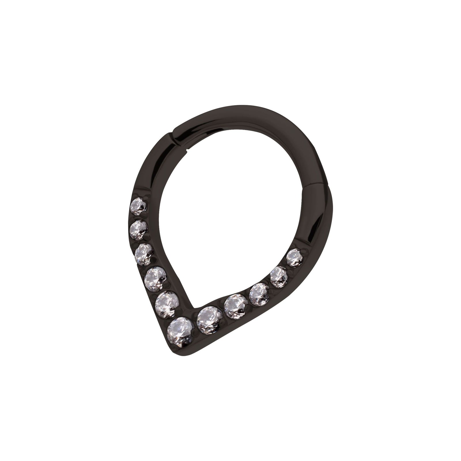 Clicker - Cartilage | Septum Black PVD Titanium CNC Set Gem Front Facing Teardrop Shape Hinged Segment Clicker Ring -Rebel Bod-RebelBod
