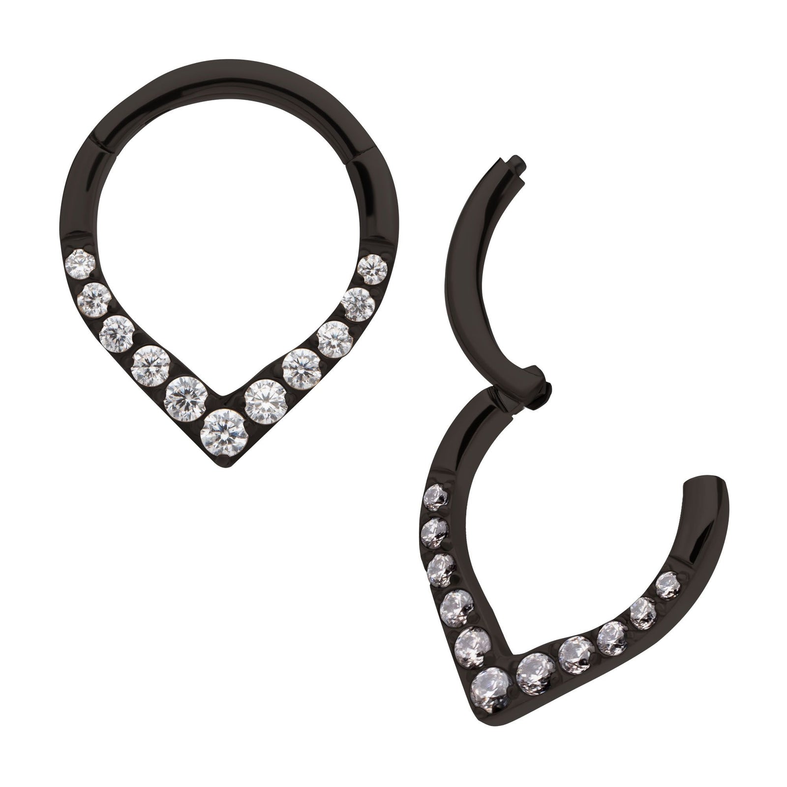 Clicker - Cartilage | Septum Black PVD Titanium CNC Set Gem Front Facing Teardrop Shape Hinged Segment Clicker Ring -Rebel Bod-RebelBod