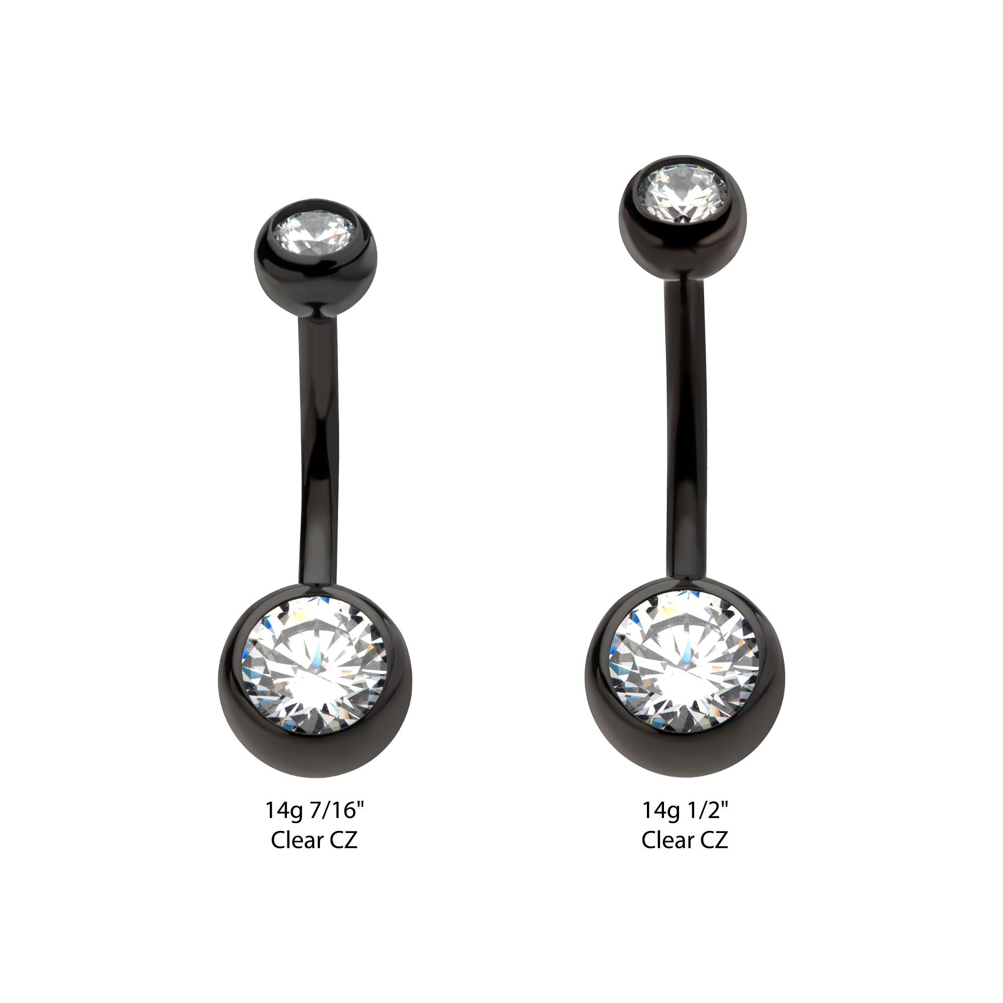 Black PVD Titanium Internally Threaded Bezel Set Double CZ Fixed Bottom Navel Ring tipvdkbn14358c -Rebel Bod-RebelBod