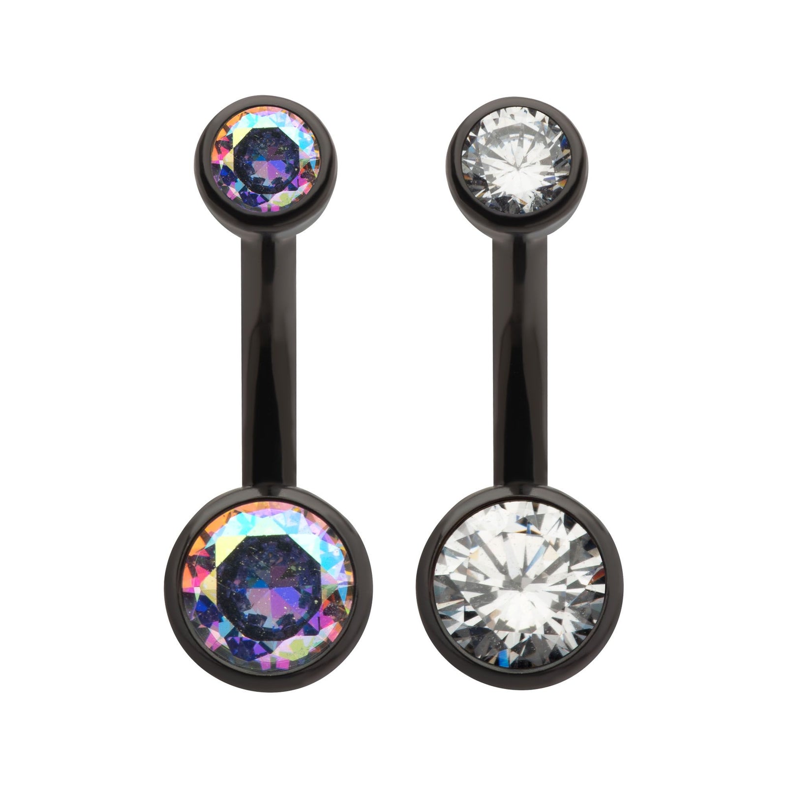 Black PVD Titanium Internally Threaded Bezel Set Double CZ Smooth Rounded Back Fixed Bottom Navel Ring tipvdkb3ni43ab -Rebel Bod-RebelBod