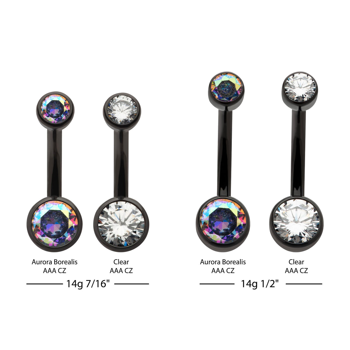 Black PVD Titanium Internally Threaded Bezel Set Double CZ Smooth Rounded Back Fixed Bottom Navel Ring tipvdkb3ni43ab -Rebel Bod-RebelBod