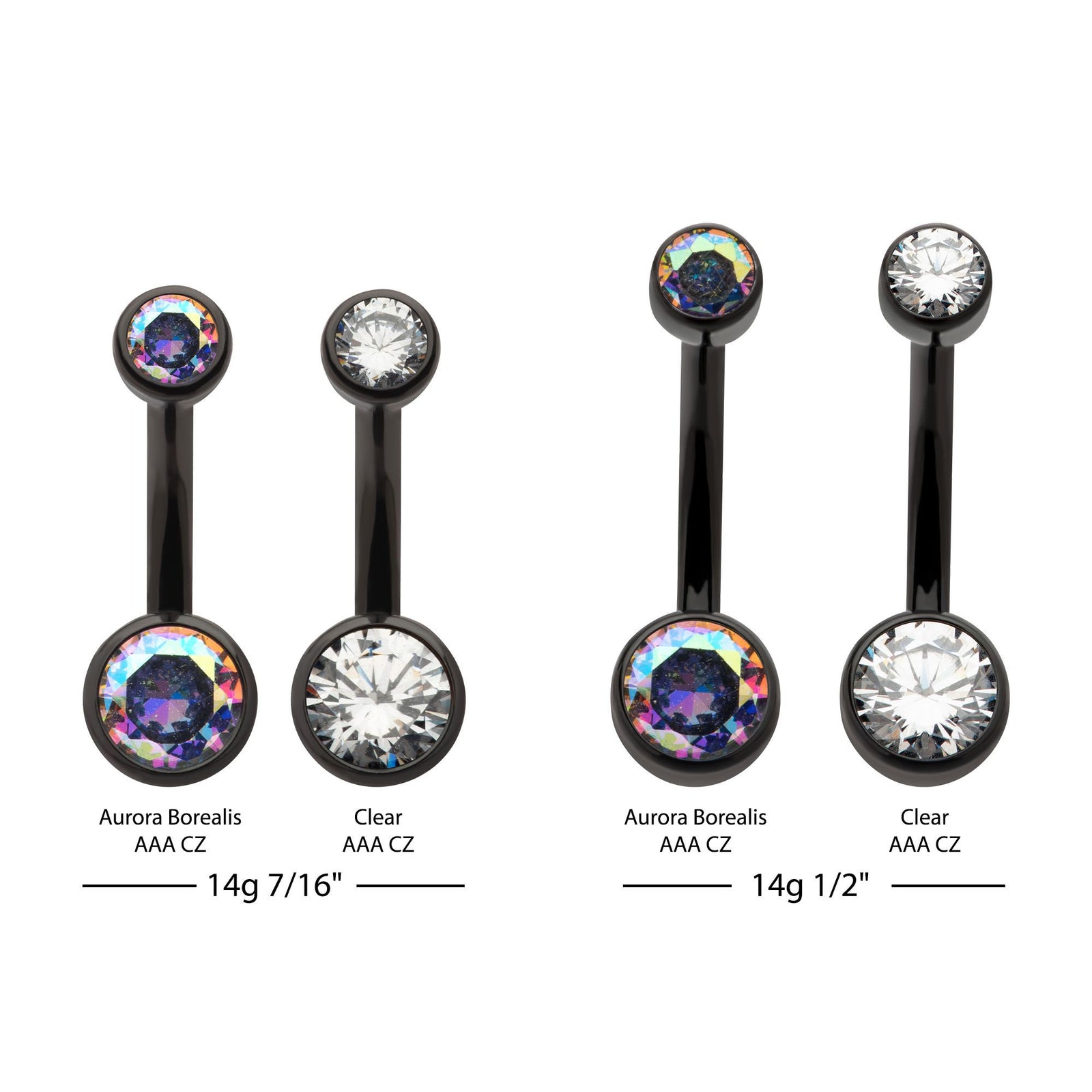 Black PVD Titanium Internally Threaded Bezel Set Double CZ Smooth Rounded Back Fixed Bottom Navel Ring tipvdkb3ni43ab -Rebel Bod-RebelBod
