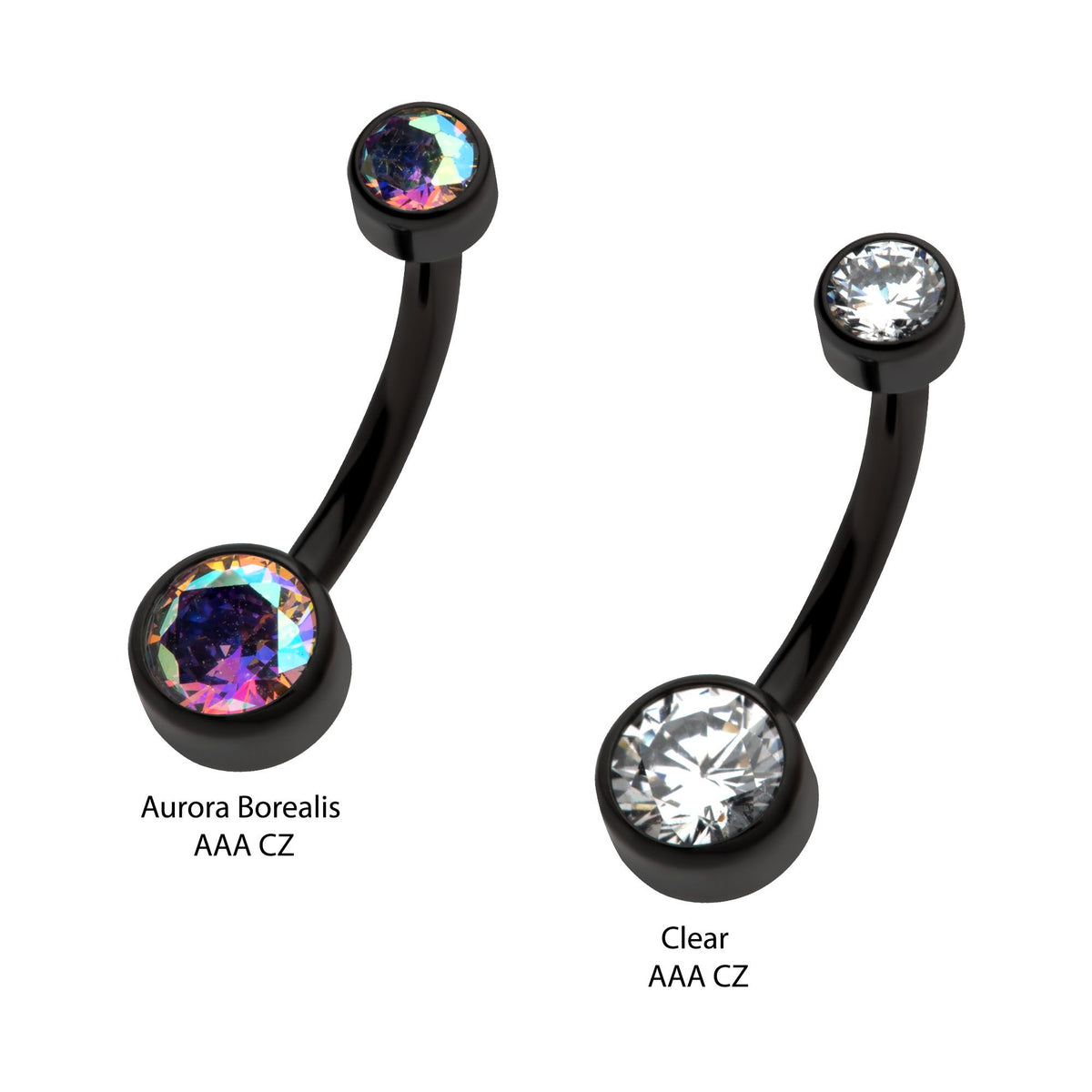 Black PVD Titanium Internally Threaded Bezel Set Double CZ Smooth Rounded Back Fixed Bottom Navel Ring tipvdkb3ni43ab -Rebel Bod-RebelBod