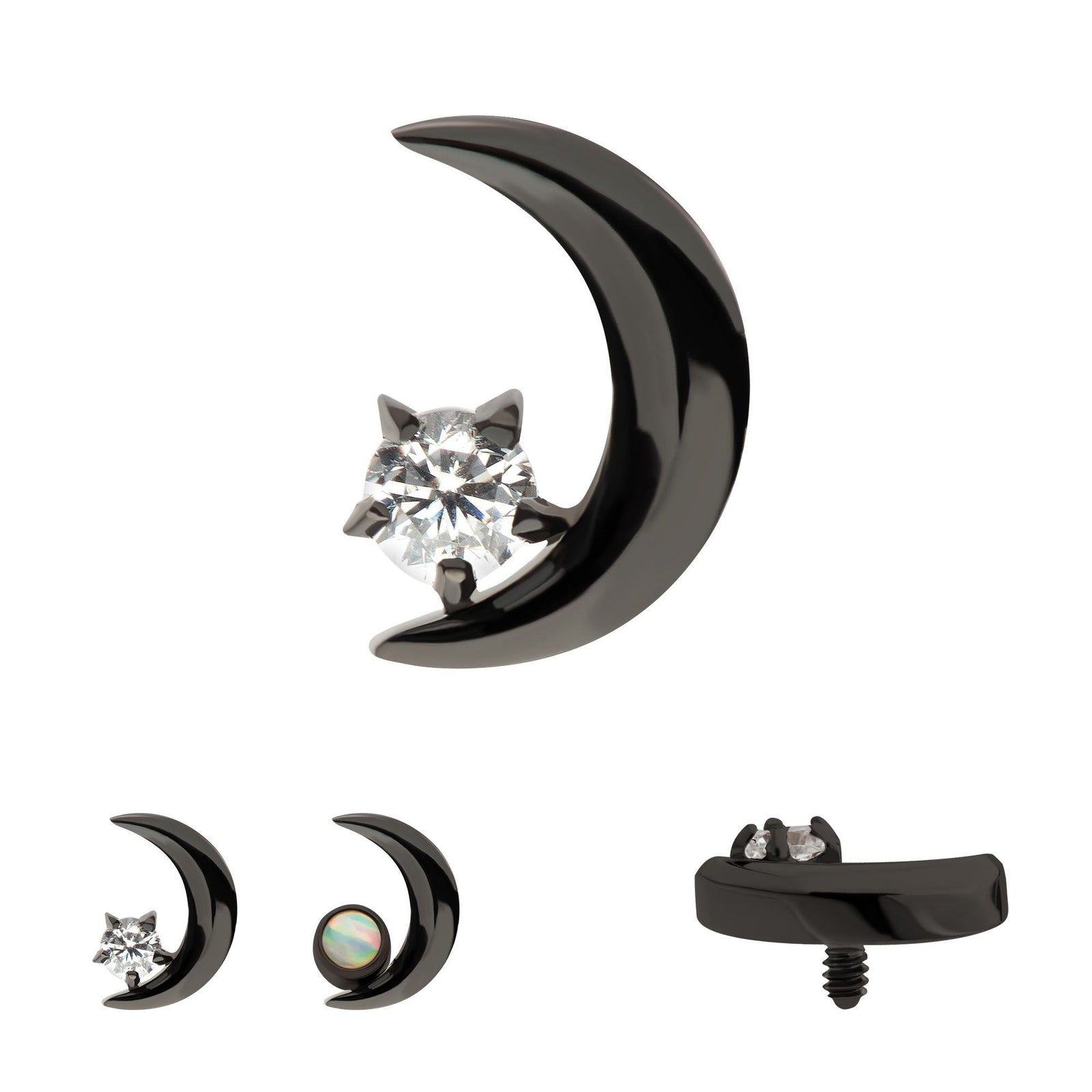 Black PVD Titanium Internally Threaded Crescent Moon CZ/Opal Top tipvdktd57-16c -Rebel Bod-RebelBod