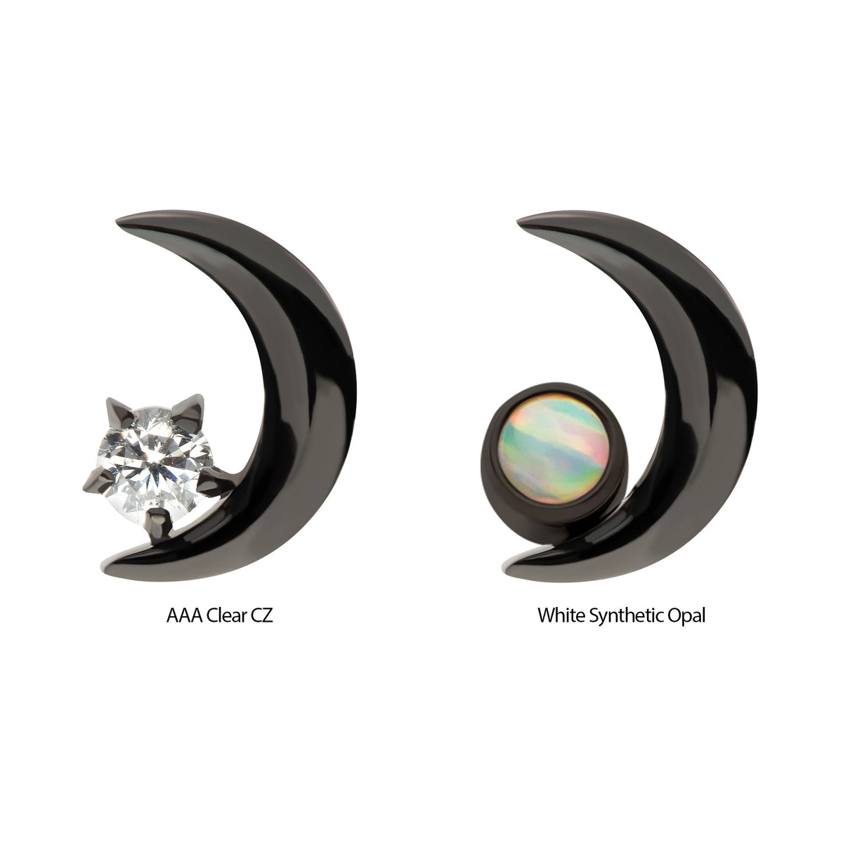 Black PVD Titanium Internally Threaded Crescent Moon CZ/Opal Top tipvdktd57-16c -Rebel Bod-RebelBod