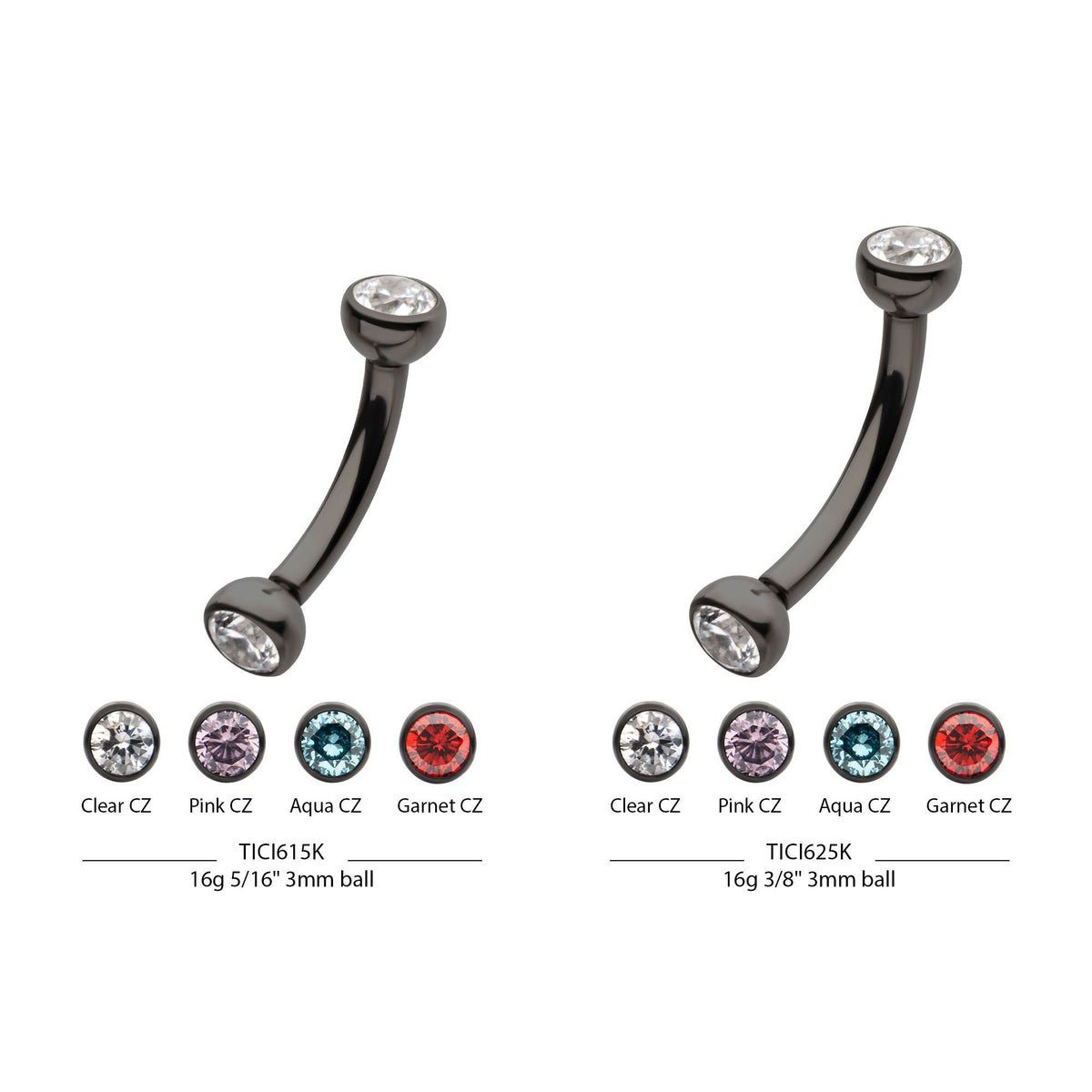 Black PVD Titanium Internally Threaded Double Bezel Gem End Curved Barbell tici615kc -Rebel Bod-RebelBod