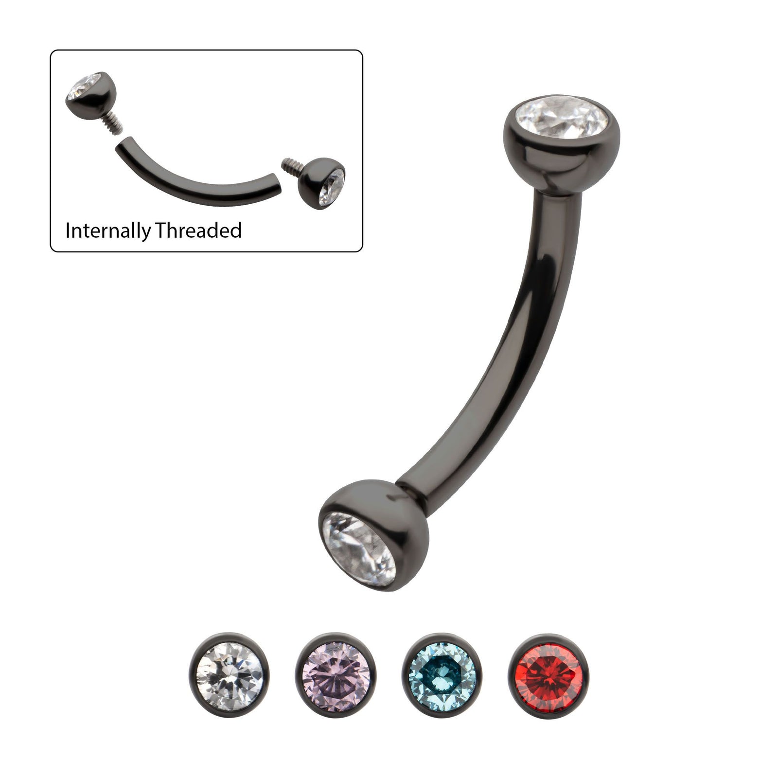 Black PVD Titanium Internally Threaded Double Bezel Gem End Curved Barbell tici615kc -Rebel Bod-RebelBod