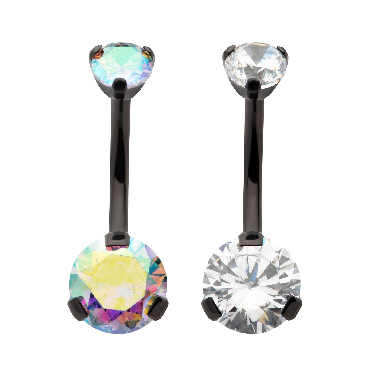 Black PVD Titanium Internally Threaded Prong Set Double CZ Fixed Bottom Navel Ring tipvdkbn44358ab -Rebel Bod-RebelBod