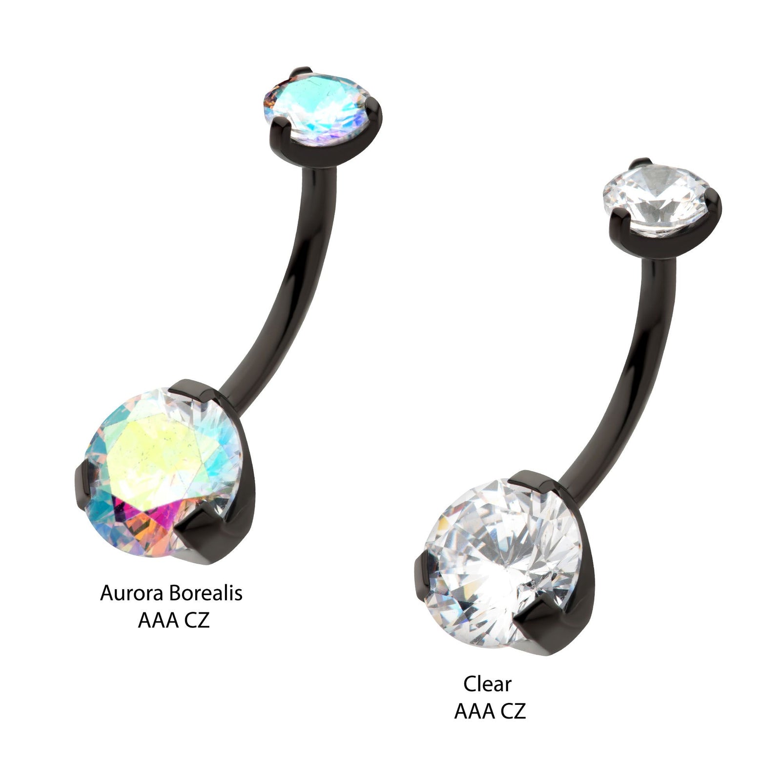 Black PVD Titanium Internally Threaded Prong Set Double CZ Fixed Bottom Navel Ring tipvdkbn44358ab -Rebel Bod-RebelBod