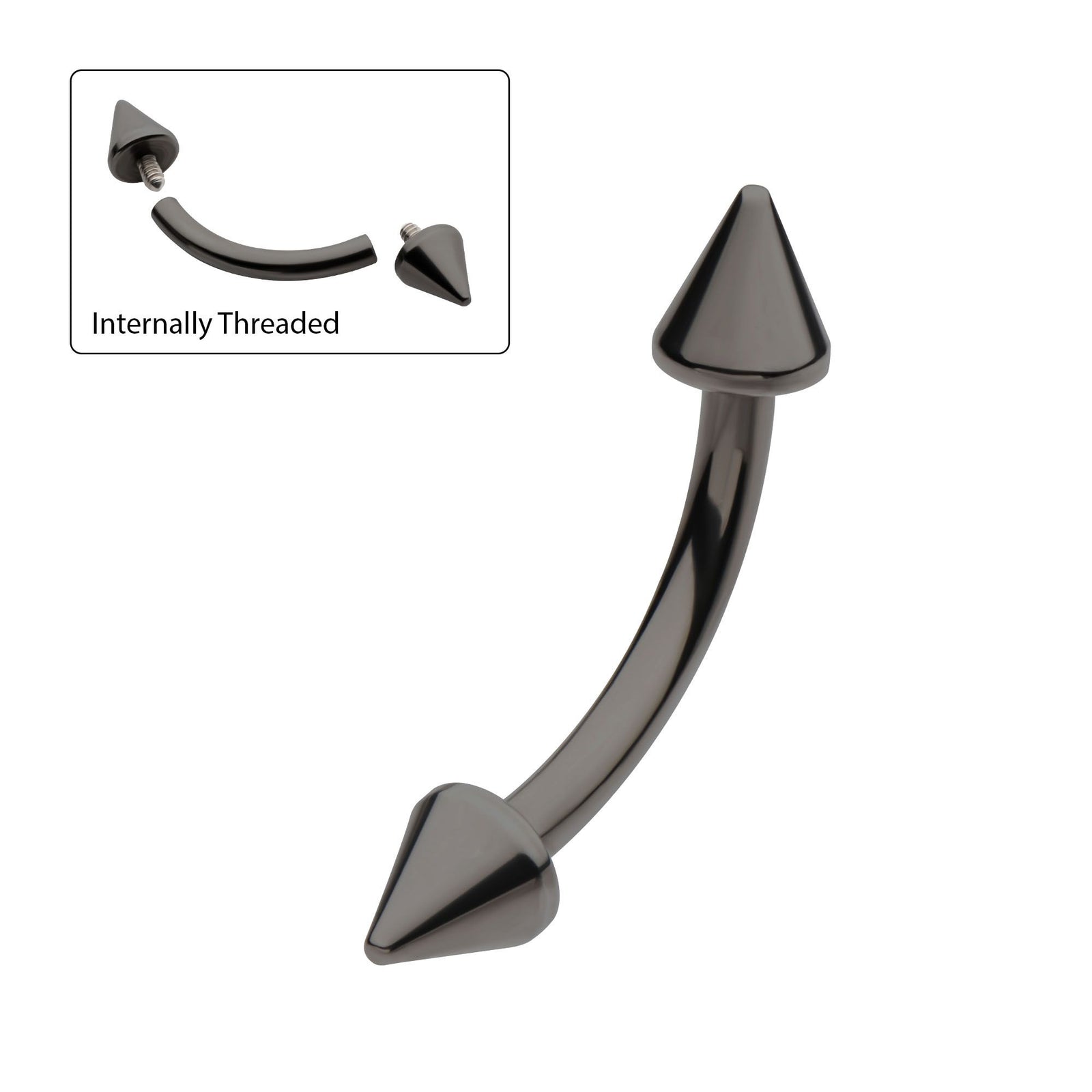 Black PVD Titanium Internally Threaded Spike End Curved Barbell tici612k -Rebel Bod-RebelBod