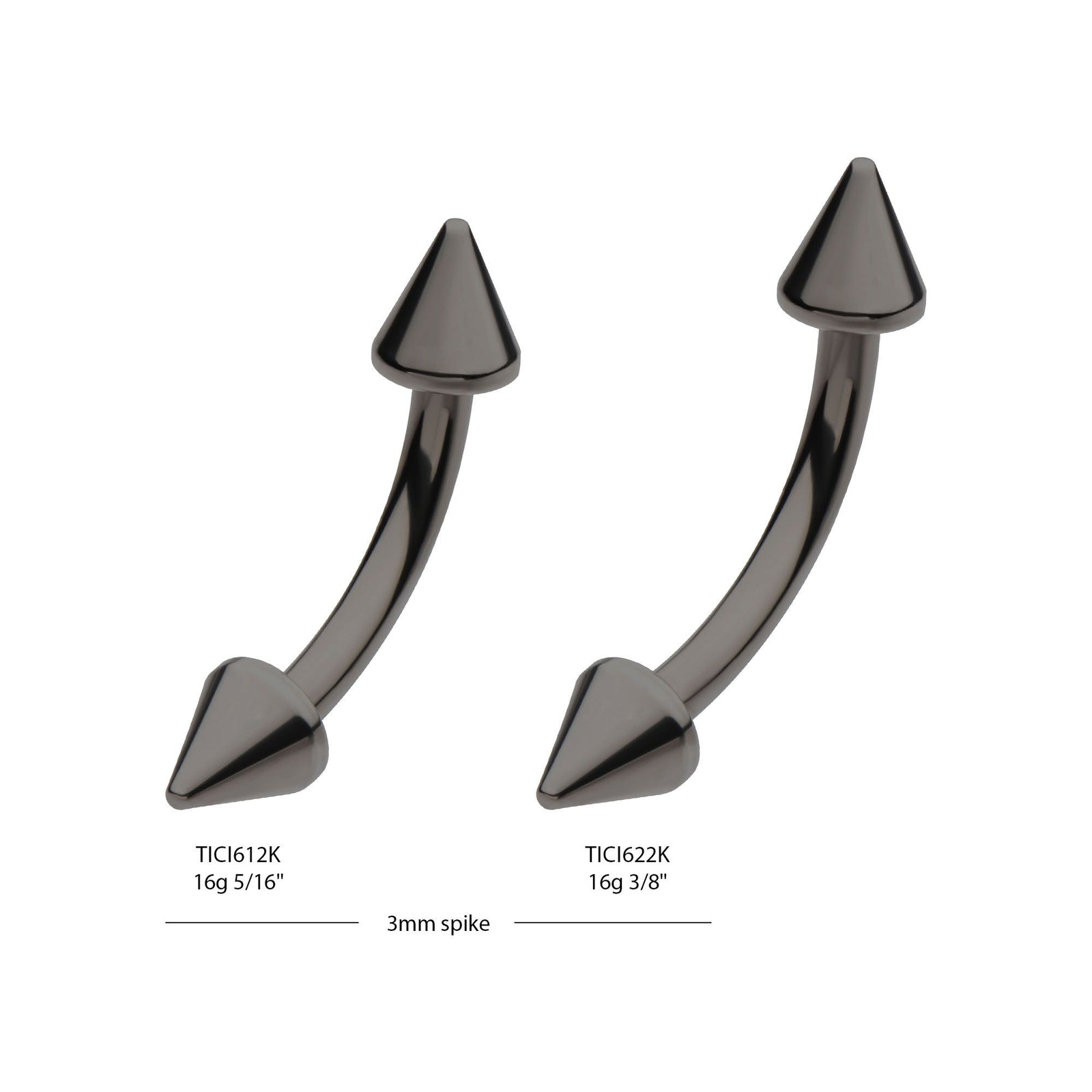 Black PVD Titanium Internally Threaded Spike End Curved Barbell tici612k -Rebel Bod-RebelBod