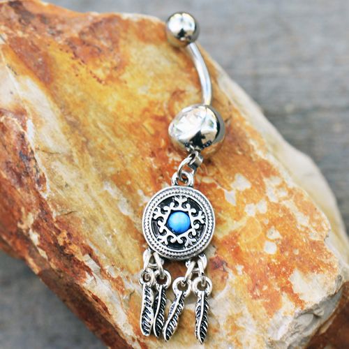 Belly Ring - Dangle Feather Dream Catcher Dangle Belly Button Ring -Rebel Bod-RebelBod