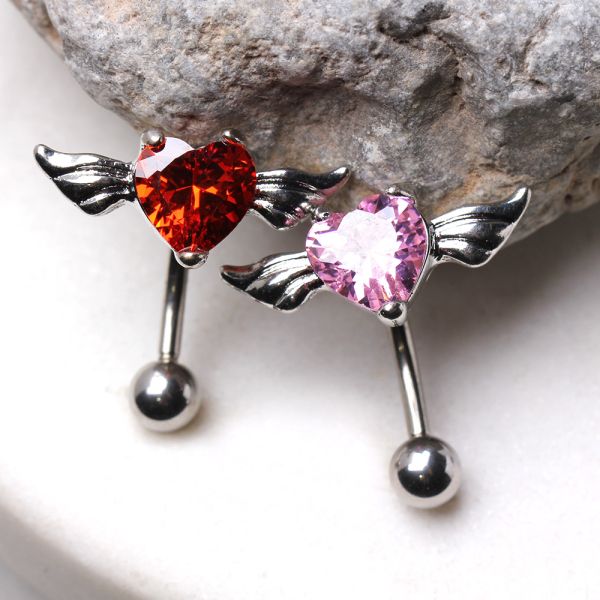 Belly Ring - Reverse Gemmed Heart w/ Wings Top Down Belly Button Rings -Rebel Bod-RebelBod
