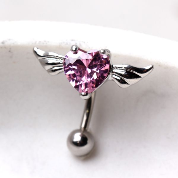 Belly Ring - Reverse Gemmed Heart w/ Wings Top Down Belly Button Rings -Rebel Bod-RebelBod