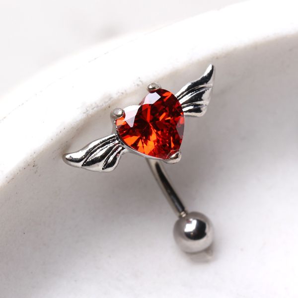 Belly Ring - Reverse Gemmed Heart w/ Wings Top Down Belly Button Rings -Rebel Bod-RebelBod
