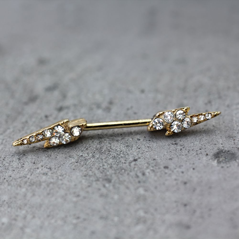 Nipple Barbell Gold Plated Multi-CZ Lightning Bolt Nipple Bar - 1 Piece -Rebel Bod-RebelBod