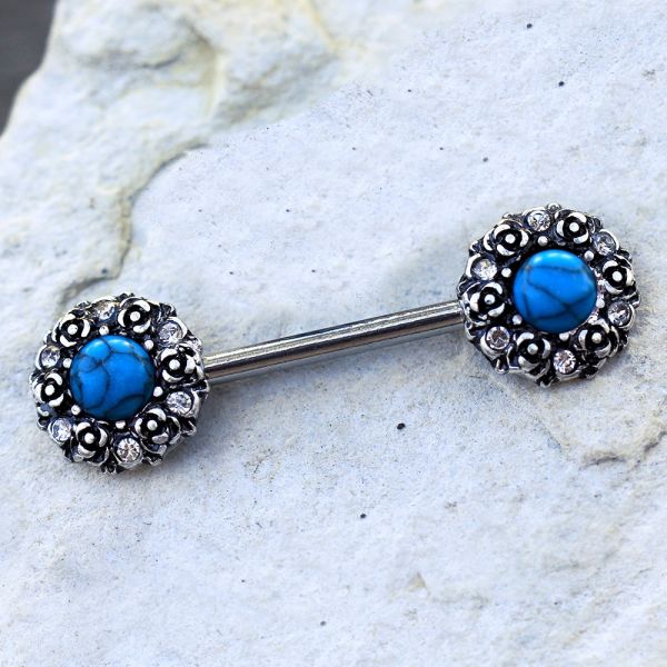 Nipple Barbell Medieval Rose Nipple Bar Stone Inlay - 1 Piece -Rebel Bod-RebelBod