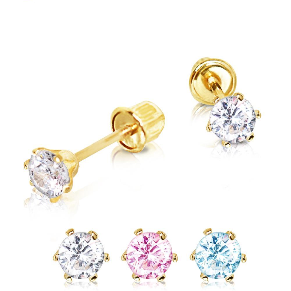 Stud Earrings Pair of 14K Yellow Gold Clear Round CZ Earring w/ Screw Back - 1 Pair -Rebel Bod-RebelBod