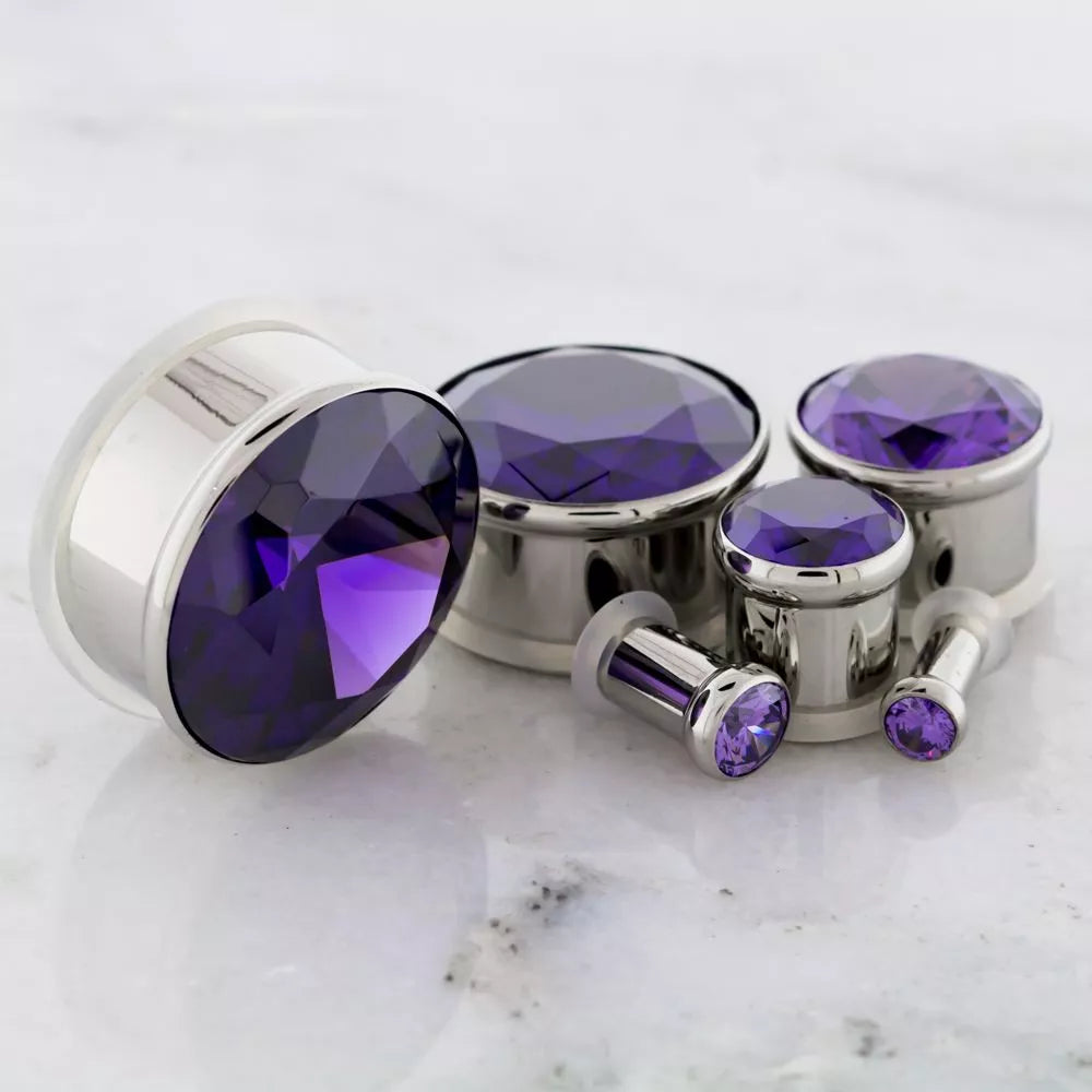 Plugs Earrings - Single Flare Pressed Set Single Flare Plug Tanzanite Gem Big Bling - 1 Piece #SPLT#2 -Rebel Bod-RebelBod