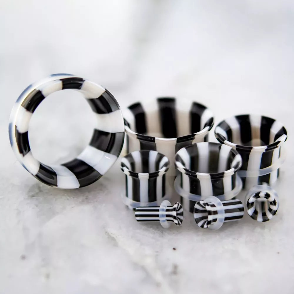 Tunnels - Single Flare Single Flare Tunnel Borosilicate Glass Black White Striped Clear Oring - 1 Piece #SPLT#2 -Rebel Bod-RebelBod