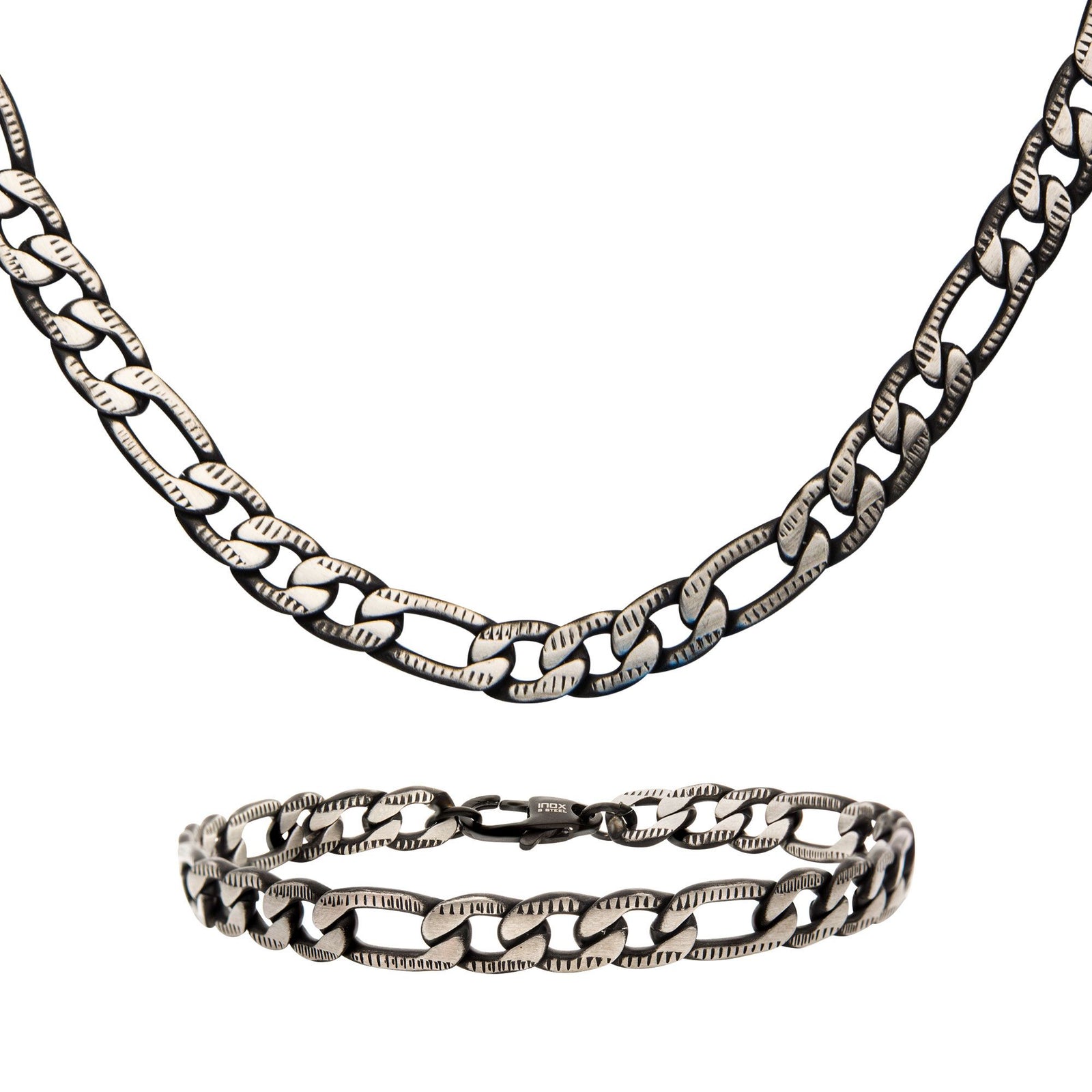 Stainless Steel Black IP Diamond Cut Figaro Chain Bracelets br27873k-set -Rebel Bod-RebelBod