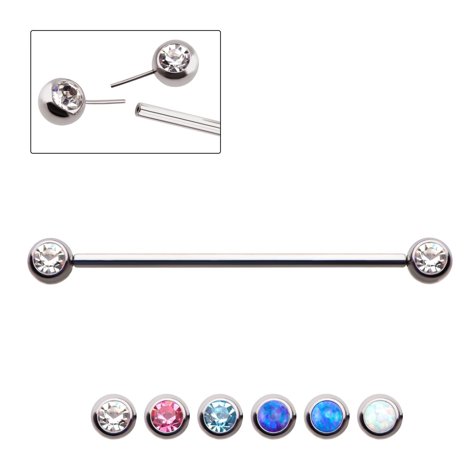 Industrial Barbell Threadless Side Facing CZ/Opal Industrial Barbell - 1 Piece -Rebel Bod-RebelBod