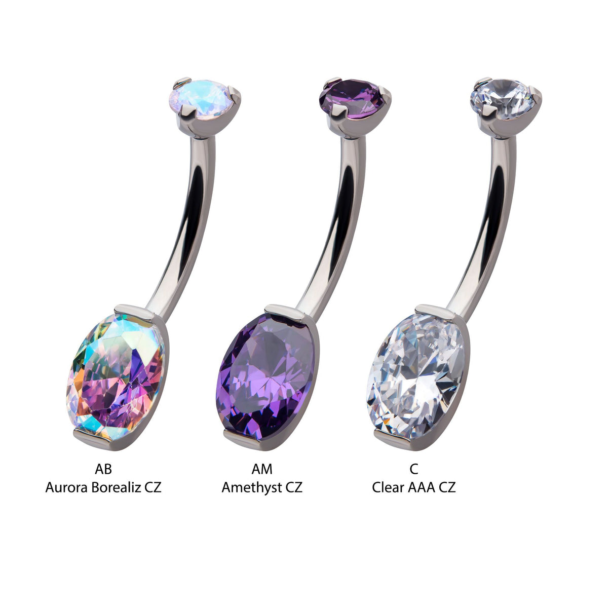 Titanium Internally Threaded Round CZ Top Oval CZ Fixed Bottom Navel Ring tipniovl4 -Rebel Bod-RebelBod