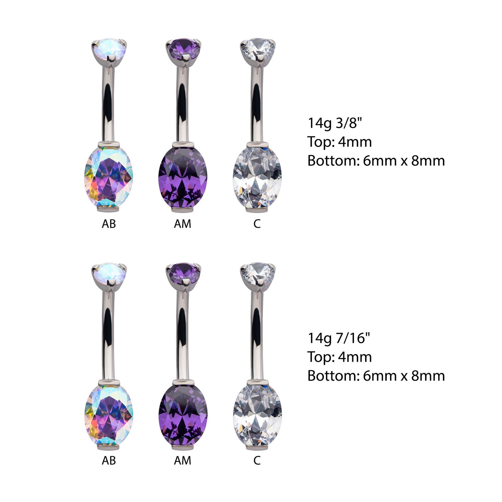 Titanium Internally Threaded Round CZ Top Oval CZ Fixed Bottom Navel Ring tipniovl4 -Rebel Bod-RebelBod