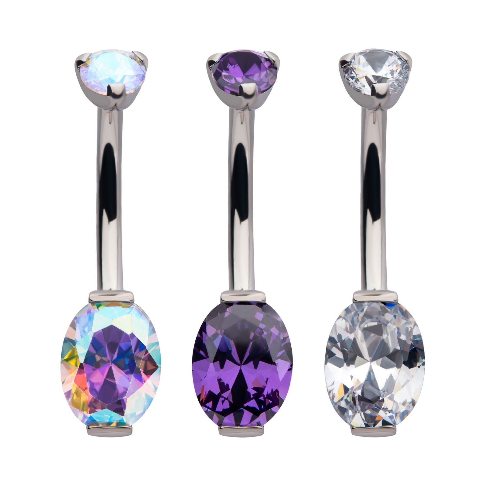 Titanium Internally Threaded Round CZ Top Oval CZ Fixed Bottom Navel Ring tipniovl4 -Rebel Bod-RebelBod