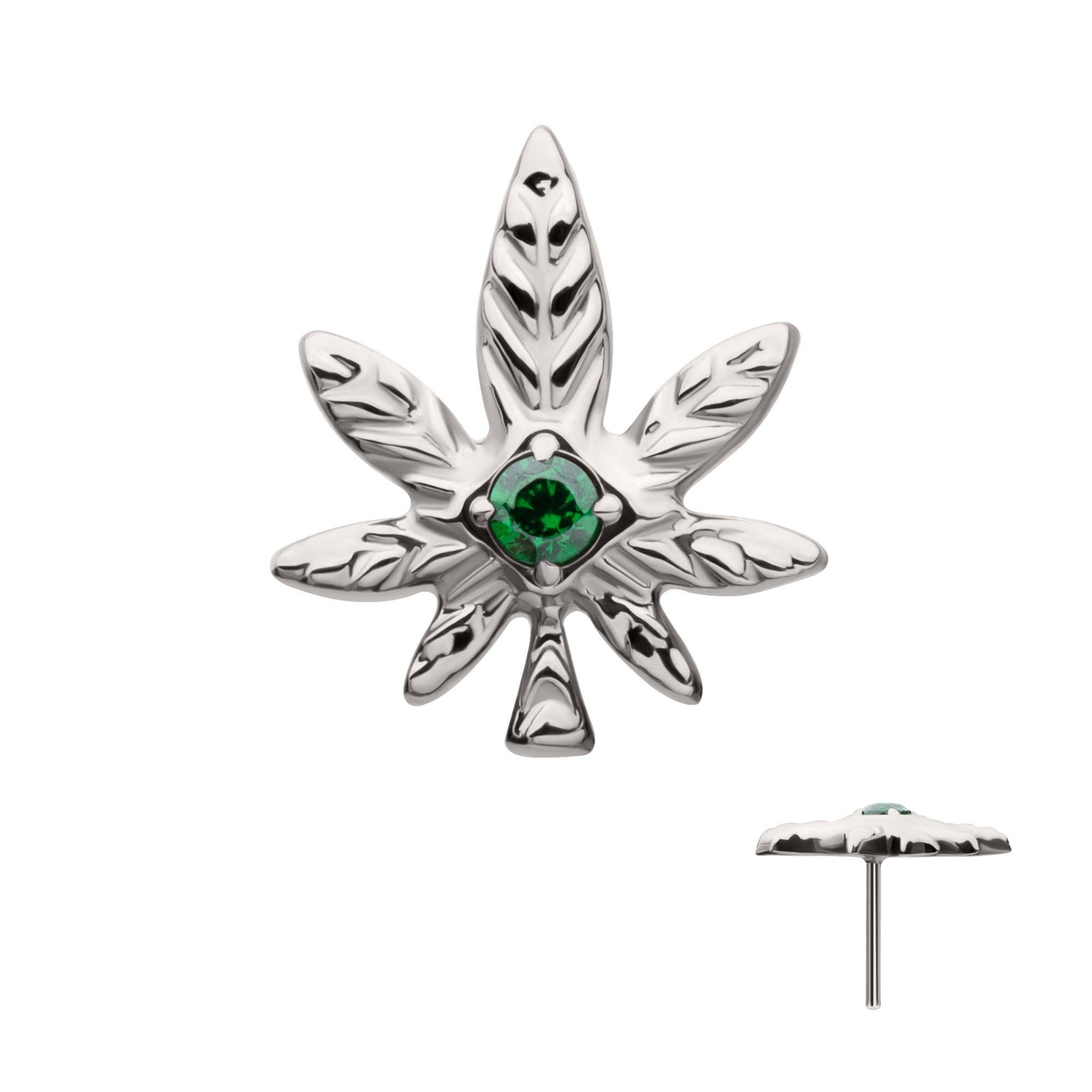Titanium Threadless Prong Set Emerald Green Gem Pot Leaf Top titls8472e -Rebel Bod-RebelBod