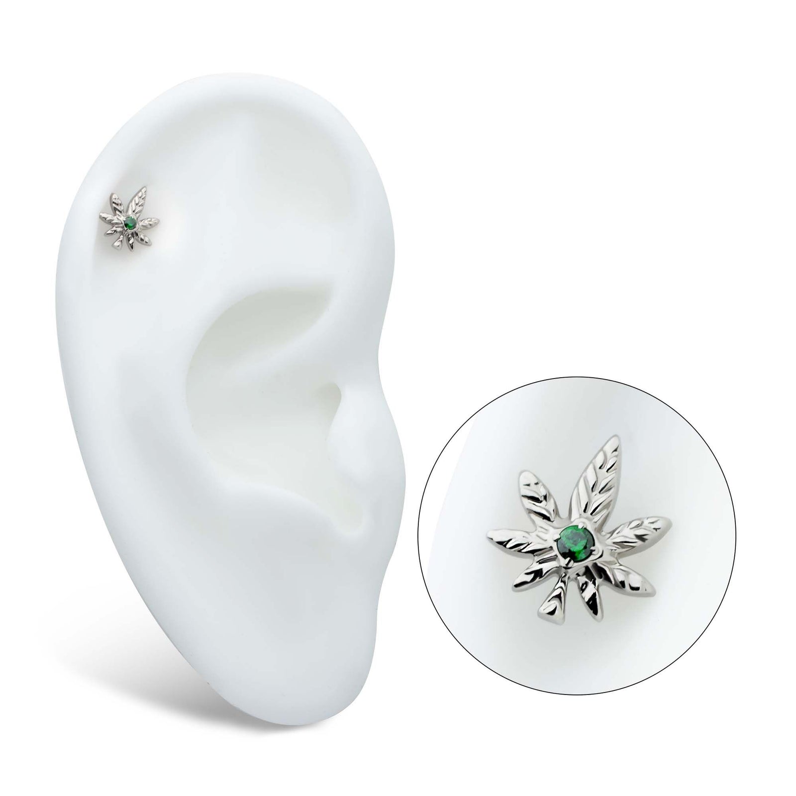 Titanium Threadless Prong Set Emerald Green Gem Pot Leaf Top titls8472e -Rebel Bod-RebelBod