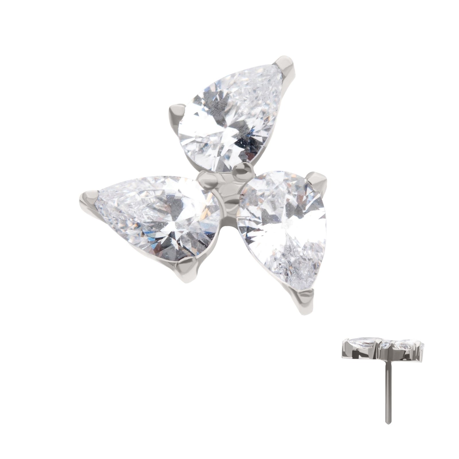 Titanium Threadless Prong Set Teardrop Gem 3-Cluster Top titls878c -Rebel Bod-RebelBod
