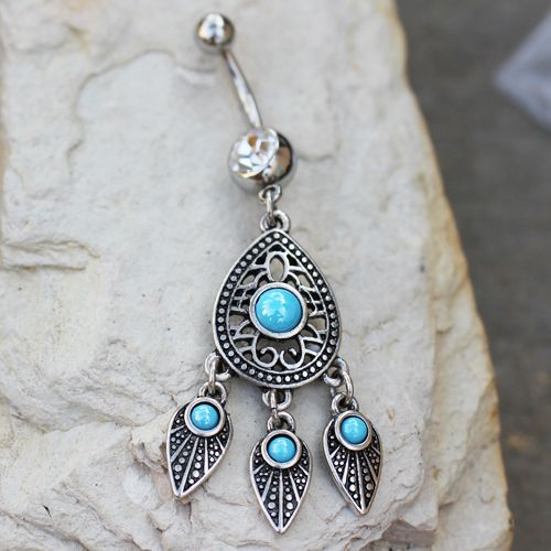 Belly Ring - Dangle Turquoise Teardrop and Feather Dangle Belly Button Ring -Rebel Bod-RebelBod