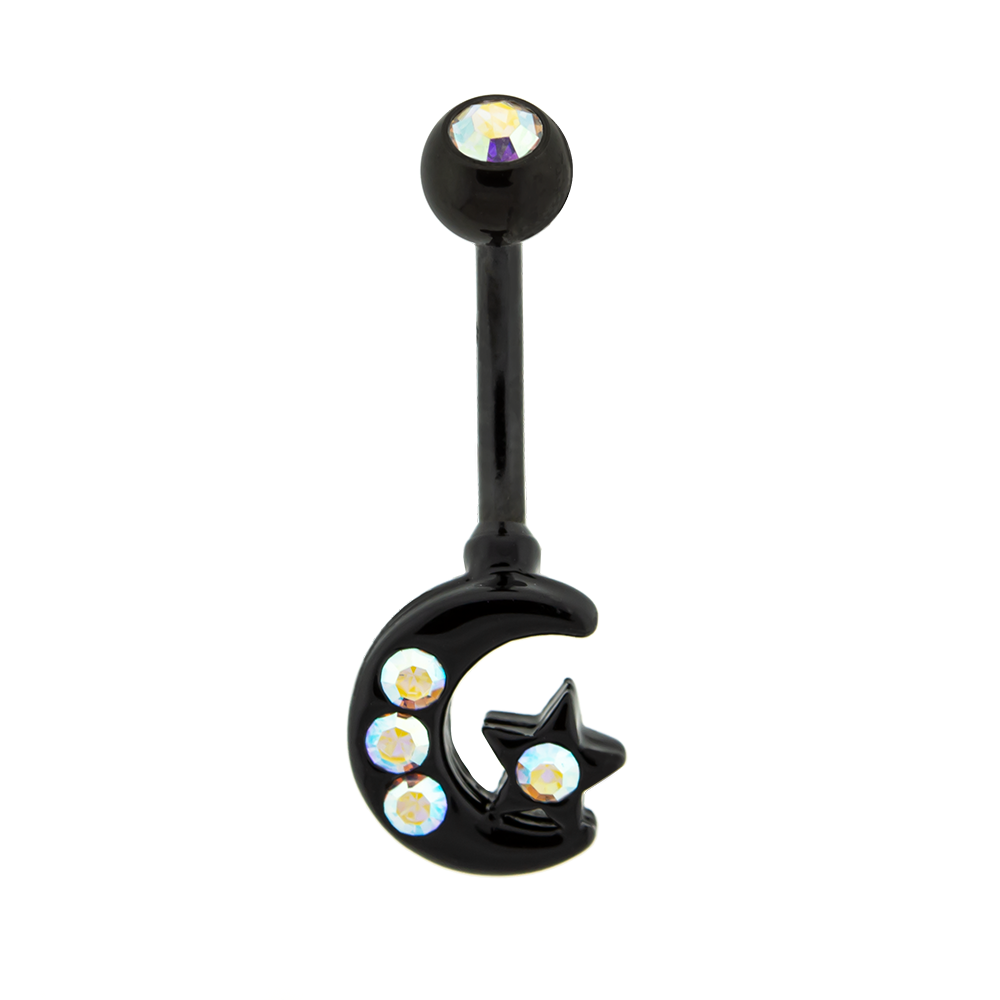 Belly Ring - No Dangle 14g 3/8" 5mm X 8mm Navel Ring With  Moon and Star With Gems - 1 Piece -Rebel Bod-RebelBod