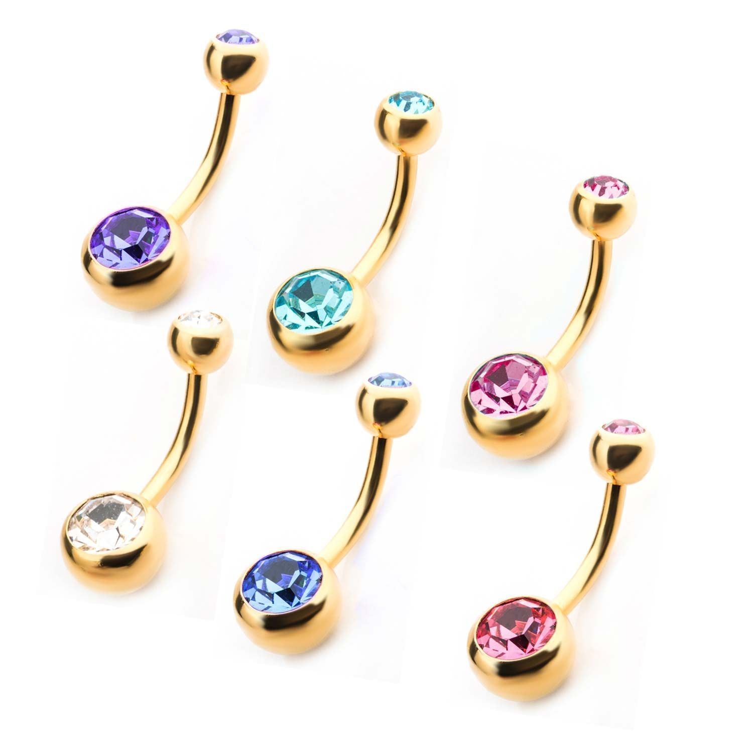14G 3/8" Gold Press Fit Double Gem Belly Ring