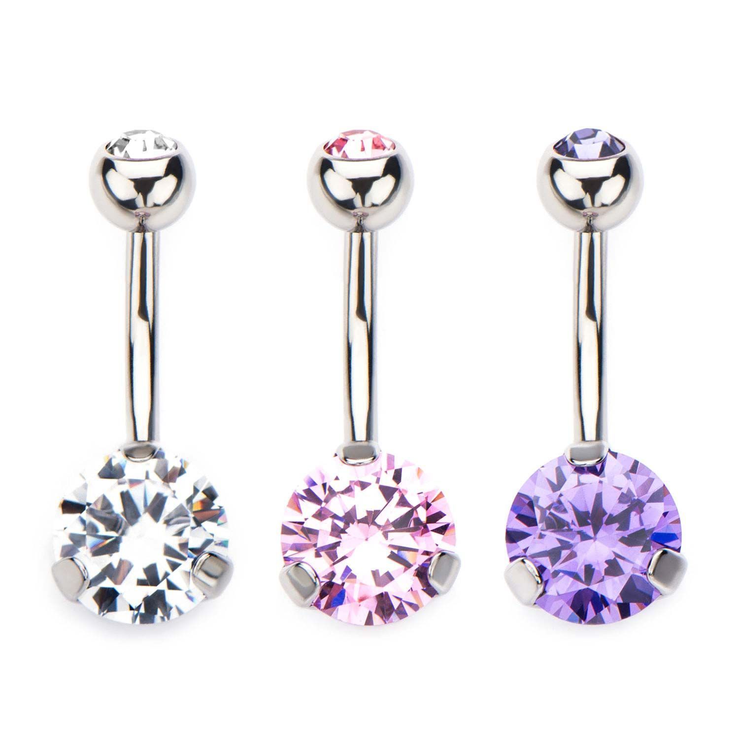 Belly Ring - No Dangle 14G 3/8" Navel barbell with prong set gem sbvns4352clw -Rebel Bod-RebelBod