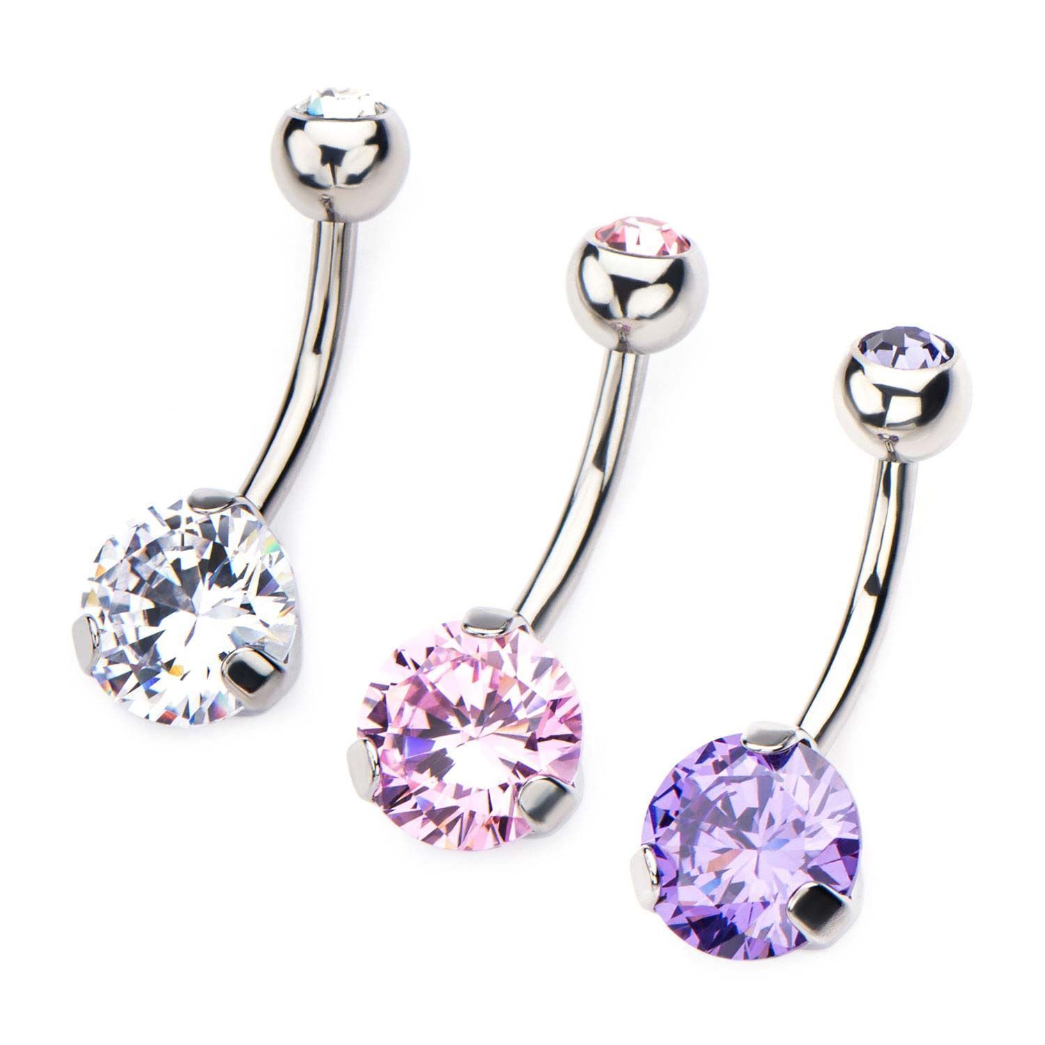 Belly Ring - No Dangle 14G 3/8" Navel barbell with prong set gem sbvns4352clw -Rebel Bod-RebelBod