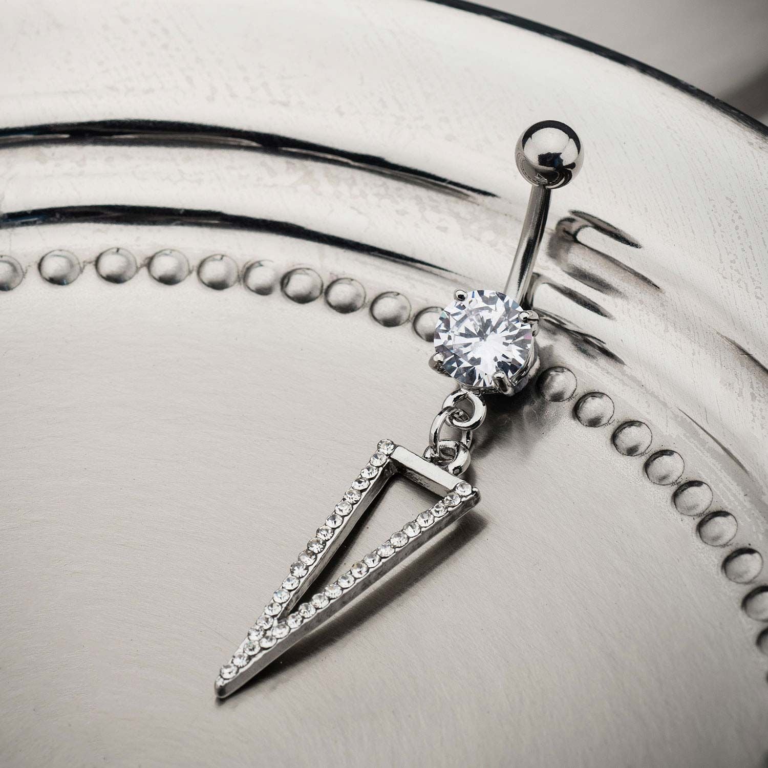 TBD-Belly 14g 38 Navel Clear CZ Gem Encrusted Arrowhead Dangle Charm -Rebel Bod-RebelBod