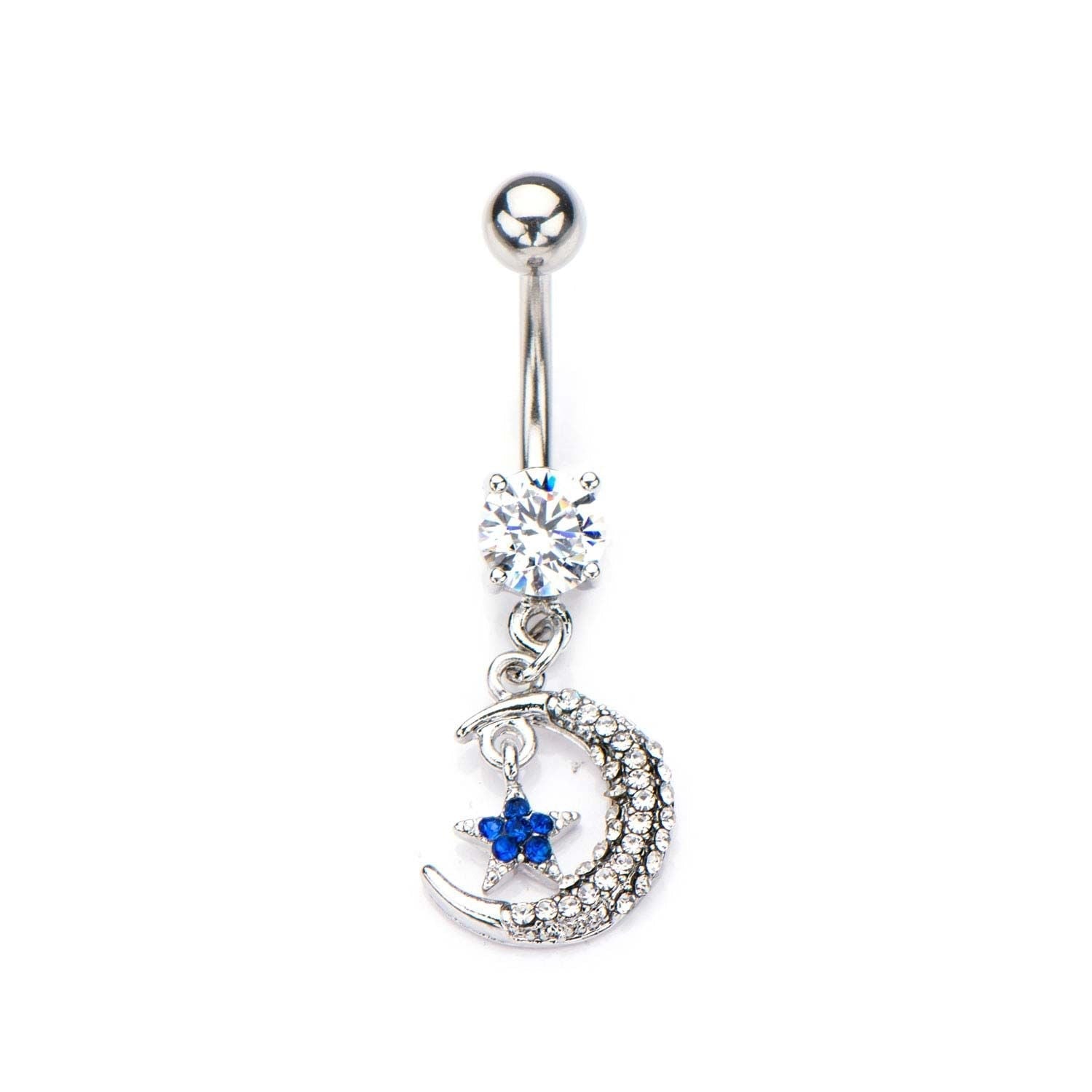 TBD-Belly 14g 38 Navel in Clear CZ Gem Crescent Moon Blue CZ Gem Star Dangle Charm -Rebel Bod-RebelBod