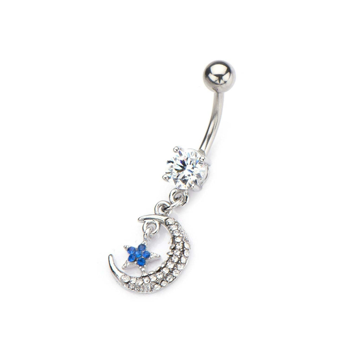 TBD-Belly 14g 38 Navel in Clear CZ Gem Crescent Moon Blue CZ Gem Star Dangle Charm -Rebel Bod-RebelBod